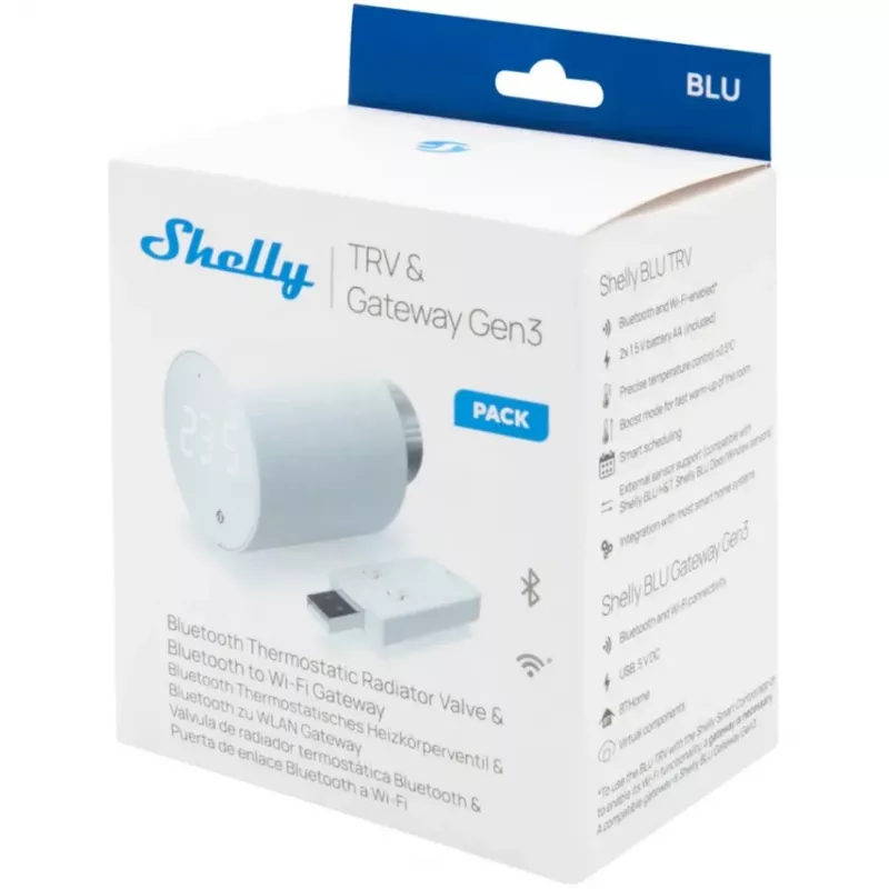 Termostatinis radiatoriaus vožtuvo rinkinys Shelly Heating Control BLU TRV + BLU Gateway Gen. 3 — M30×1,5, Wi‑Fi, AA baterijos, 78 mm aukštis