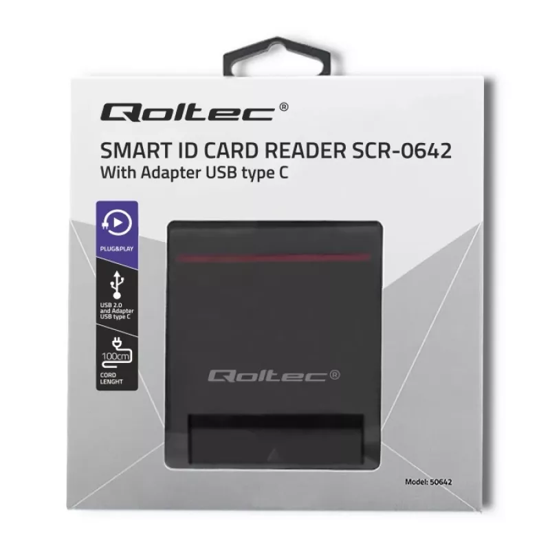 Kortelių skaitytuvas QOLTEC Smart chip ID card scanner USB, juodas, 84,5×65×16 mm, 63 g
