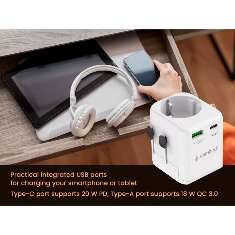 Keliaujantis maitinimo adapteris GEMBIRD TPA-EU1A1C20-01-W 20W, USB-A 18W + USB-C 20W, Schuko kištukas, įėjimas 100–250V
