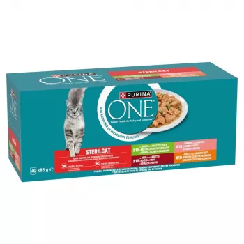 PURINA One Sterilcat jautiena, lašiša, vištiena, kalakutiena – šlapias ėdalas katėms – 40x85g