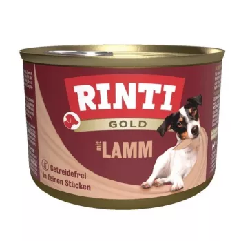 Šlapias šunų ėdalas RINTI Gold Ėriena 185 g — pilnavertis konservuotas maistas suaugusiems šunims