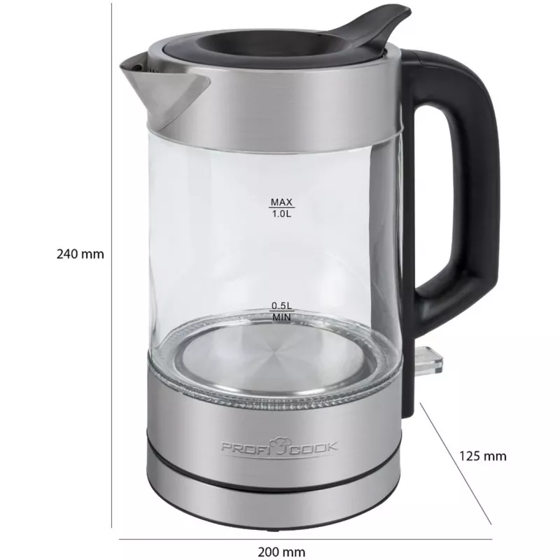 ProfiCook PC-WKS 1229 G elektrinis virdulys 1 L 1600 W Nerūdijantis plienas, Skaidrus