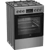 Laisvai pastatoma dujinė-elektrinė viryklė BEKO FBM62330GXTN 60 cm, 4 dujiniai degikliai, 72 L elektrinė orkaitė, energijos klasė A