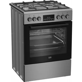 Laisvai pastatoma dujinė-elektrinė viryklė BEKO FBM62330GXTN 60 cm, 4 dujiniai degikliai, 72 L elektrinė orkaitė, energijos klasė A