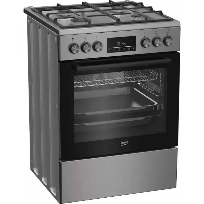 Laisvai pastatoma dujinė-elektrinė viryklė BEKO FBM62330GXTN 60 cm, 4 dujiniai degikliai, 72 L elektrinė orkaitė, energijos klasė A