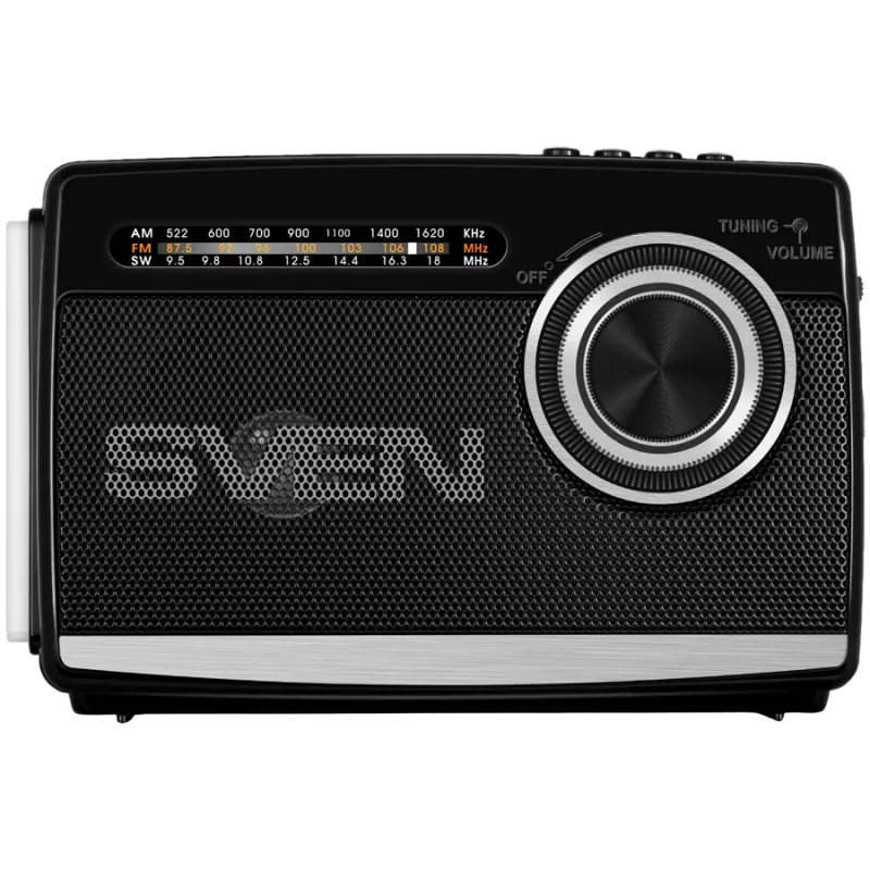 Nešiojamas radijo imtuvas ir garsiakalbis SVEN SRP-155, juodas (3W, Bluetooth, FM/AM/SW, USB, microSD, žibintuvėlis, baterija)