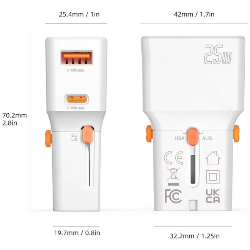 Kelioninis įkroviklis 25W World Travel 25W USB-C + A