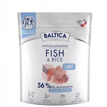 Sausas šunų ėdalas BALTICA Hypoallergenic Fish & Rice Light M 1 kg — suaugusiems vidutinių veislių šunims, 22% baltymų, 7% riebalų