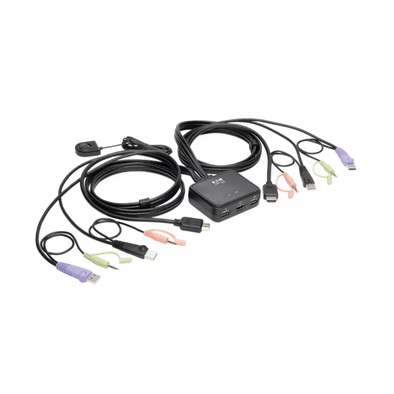 Eaton Tripp Lite serijos 2 prievadų USB/HD kabelinis KVM jungiklis su garsu/vaizdu, kabeliais ir USB periferinių įrenginių bendrinimu - KVM-/garso-/USB jungiklis - 2 x KVM/garso/USB - 1 vietinis vartotojas - darbalaukis