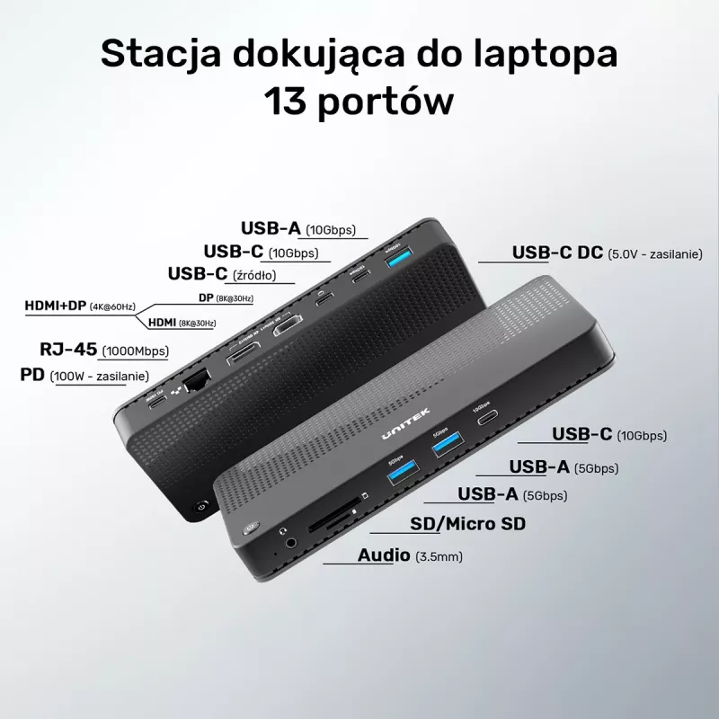 Dokavimo stotelė UNITEK D1079A USB4 Juoda 100W Power Delivery