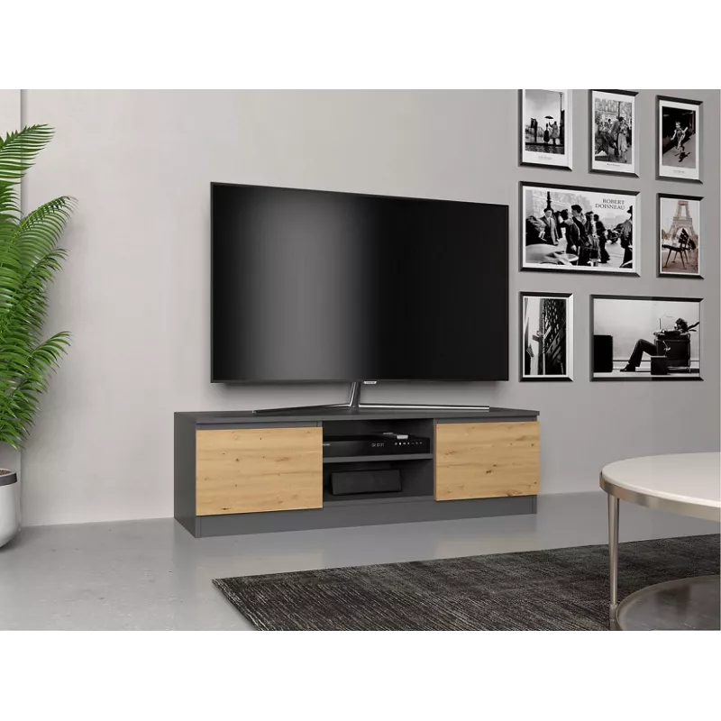 TV stovas Top e Shop RTV 120 ANTR/ARTIS — 1200×400×360 mm, antracito spalvos viršus ir rėmas, medžio drožlių plokštė, 2 lentynos