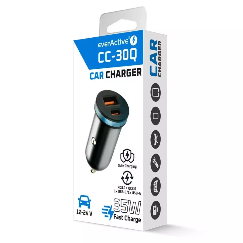 Automobilinis kroviklis everActive CC-30Q QC3.0 35W — 1x USB-A, 1x USB-C, greitas įkrovimas