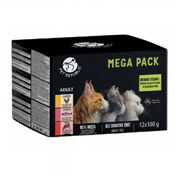 Šlapio maisto maišeliai katėms PetRepublic 12x100g – vištiena, lašiša, veršiena