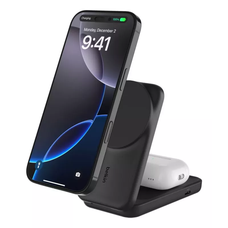 Belkin UltraCharge 25 W Qi2 2 viename lankstoma belaidžio įkrovimo stotis, juoda (WIZ038KQBK)