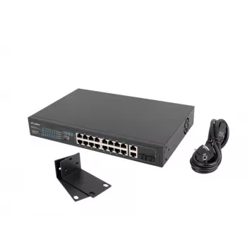 Nevaldomas komutatorius LANBERG RSFE-16P-2C-150 — 18 prievadų Gigabit, 16 PoE+/2 SFP, 150 W bendra galia, 1U stovas, metalinis, juodas