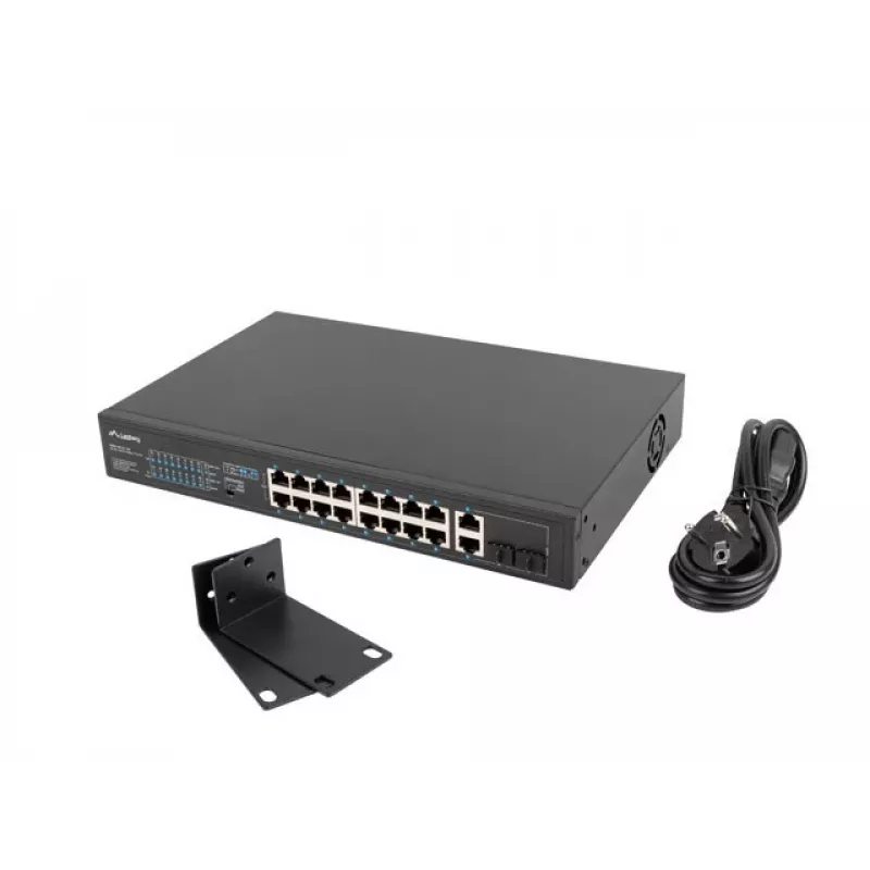 Nevaldomas komutatorius LANBERG RSFE-16P-2C-150 — 18 prievadų Gigabit, 16 PoE+/2 SFP, 150 W bendra galia, 1U stovas, metalinis, juodas