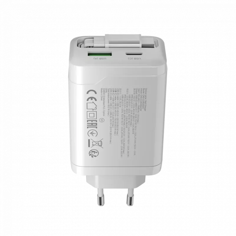 CANYON įkroviklis OnCharge 65RC su integruotu USB-C laidu 65W, 1x PD, 1x QC, EU kištukas, baltas