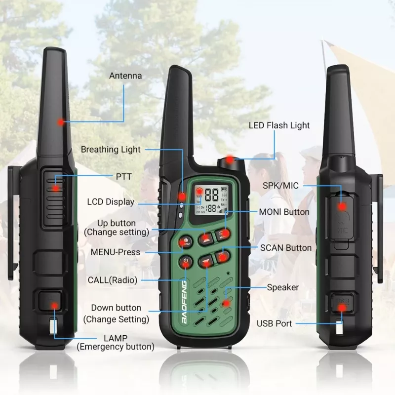 Nešiojamos racijos Baofeng BF-T25E — 16 kanalų, 2×1400 mAh Li‑Ion, VOX, LCD, žalios, rinkinys 2 vnt.