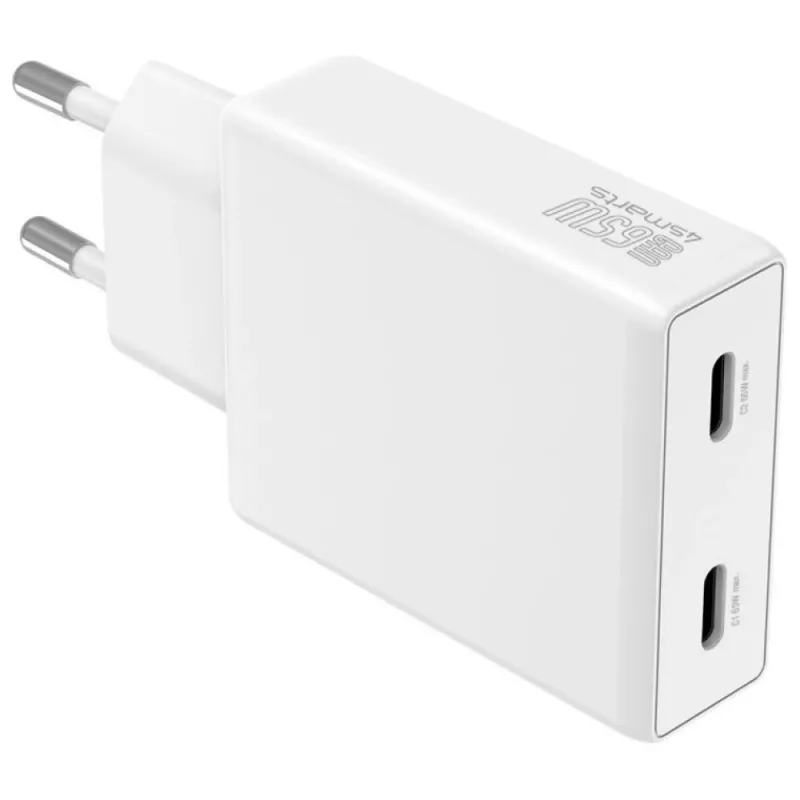 PDPlug Dual 65W GaN 2xUSB-C baltas sieninis įkroviklis