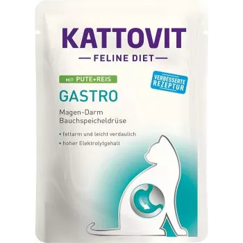 Šlapias kačių ėdalas KATTOVIT Kalakutiena ir Ryžiai 85 g – suaugusioms katėms, virškinimo palaikymui
