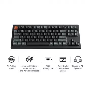 Mechaninė klaviatūra Keychron V3 Ultra 8K — QWERTY, Bluetooth ir laidinis, RGB, juoda