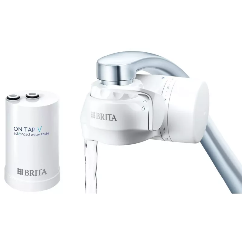 Vandens filtras čiaupui BRITA ON TAP V CU CE2 (1052067) — 4 pakopų, 600 L, 3 režimai, 5 adapteriai, baltas