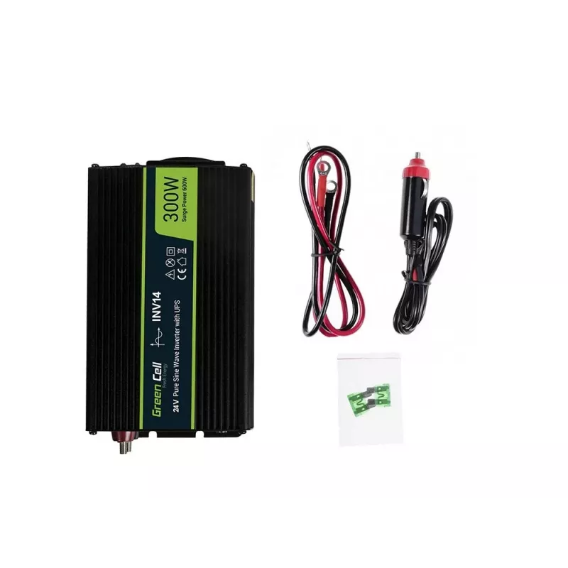 Keitiklis Green Cell INV14 300W 24V DC į 230V su USB, E tipo kištukas, aktyvus aušinimas