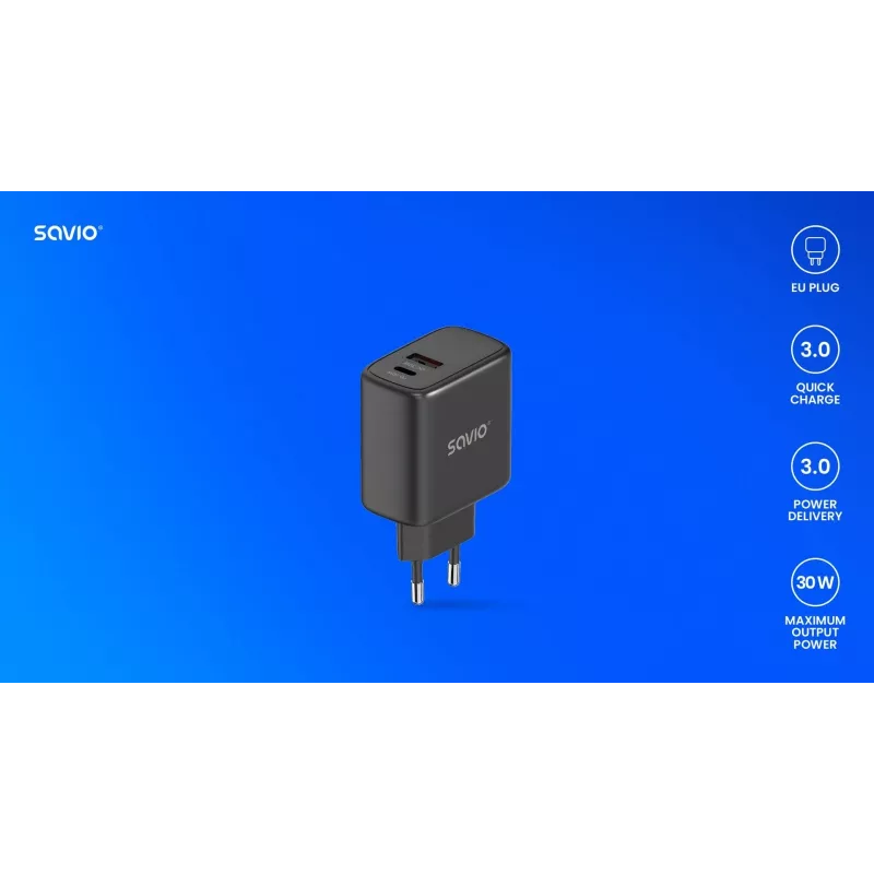 Laikiklis SAVIO LA-06/B USB Type-C 30W Power Delivery 1x USB-C Juodas, 5–20V, 3A/9V, 3A/5V, 3A/12V, 2.1A
