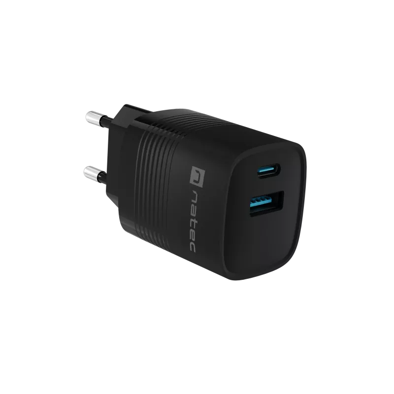 NATEC Ribera GaN NUC-2141 sieninis įkroviklis, 30W, USB-C PD 3.0 + USB-A QC 3.0, 110–240V, juodas