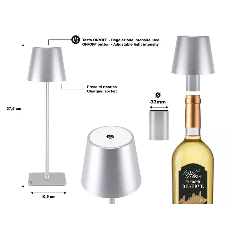 Beper P201UTP117 akumuliatorinė LED stalo lempa, 1,5 W, jutiklinis jungiklis, su ryškumo reguliavimu, 33 mm buteliui skirtas adapteris, atspari vandeniui, sidabro spalvos