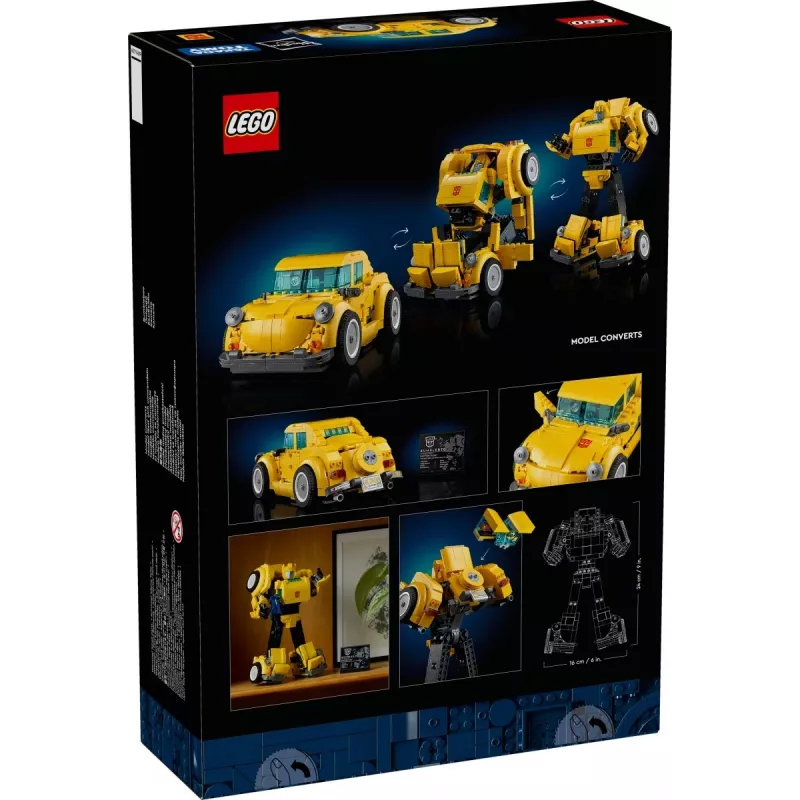 LEGO Icons Transformers Bumblebee konstruktorius – veiksmo figūrėlė suaugusiems, transformuojasi į automobilį