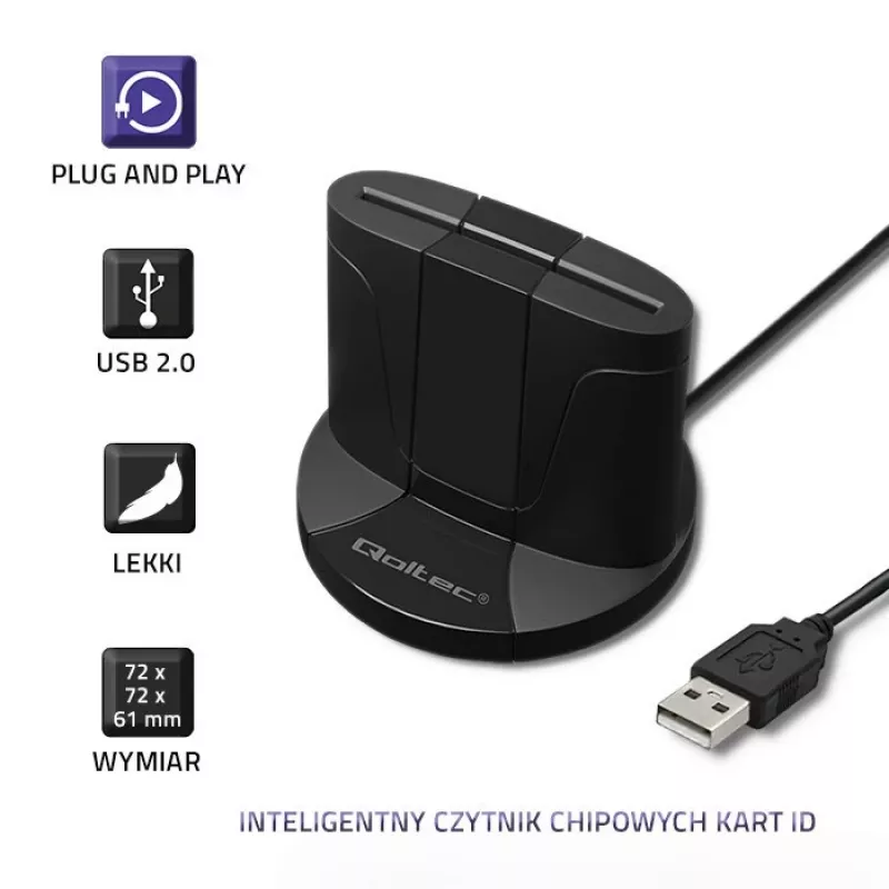 Qoltec 50632 lustinių kortelių skaitytuvas, USB 2.0, juodas, 1 m kabelis
