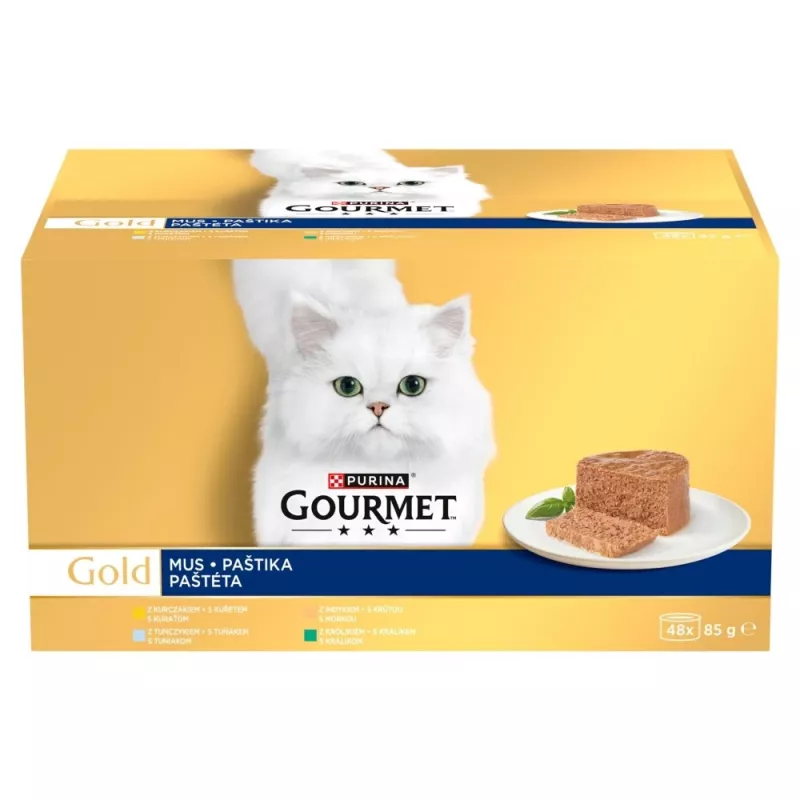 Šlapias kačių ėdalas multipack Purina Nestlé Gourmet Gold Mus Mix 48×85 g skardinių įvairūs skoniai
