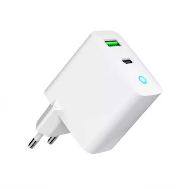 Sieninis maitinimo adapteris 220V GEMBIRD, universalus, 1× USB Type-C PD 20W, 1× USB-A 3.0 QC 18W, LED indikatorius, baltas