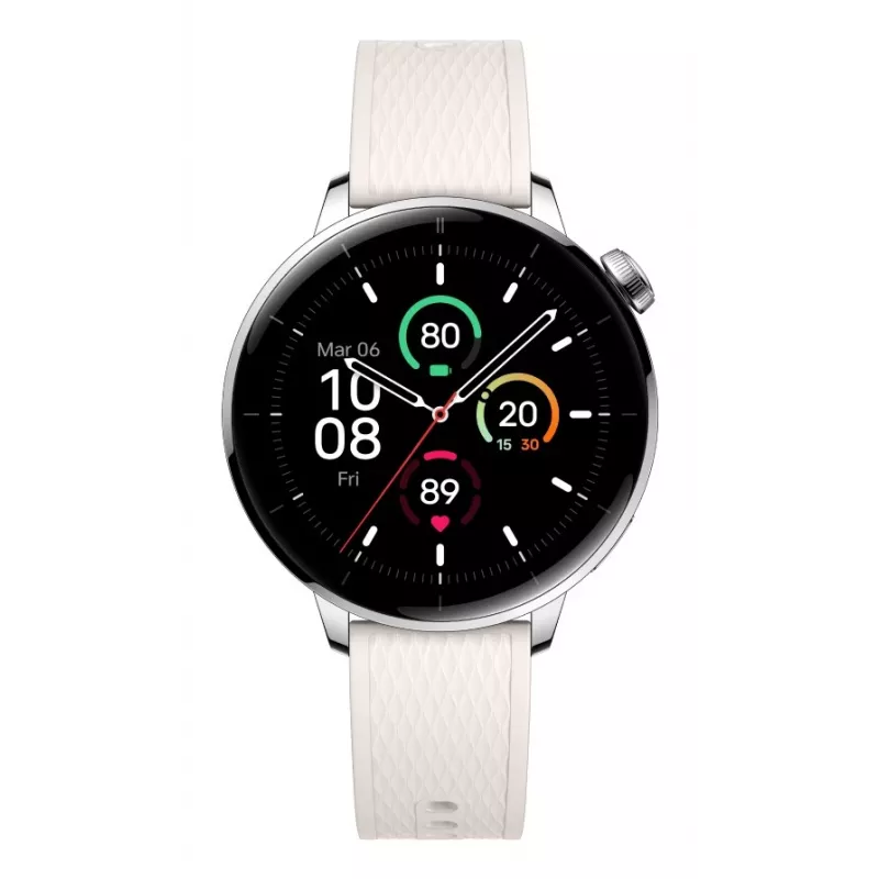 Išmanusis laikrodis ONEPLUS OnePlus Watch 3 43 mm, 1,32 colio AMOLED 466 × 466, titanas/sidabras, balta guminė juostelė, GPS, „Wi‑Fi“