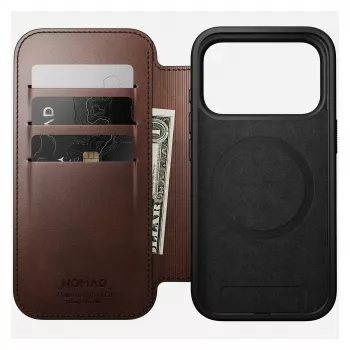 Mobilaus telefono dėklas Nomad Modern Leather Folio, skirtas iPhone 17 Pro, oda/aliuminis, 16 cm (6,3 inch), rudas, 4 kortelių kišenės