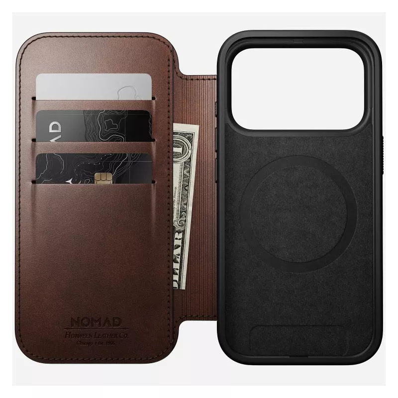 Mobilaus telefono dėklas Nomad Modern Leather Folio, skirtas iPhone 17 Pro, oda/aliuminis, 16 cm (6,3 inch), rudas, 4 kortelių kišenės