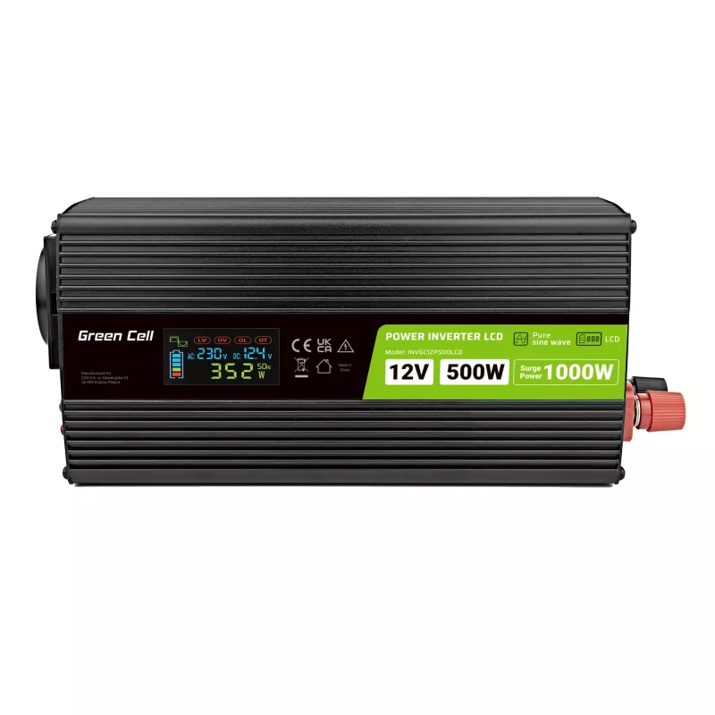 Green Cell PowerInverter LCD 12 V 500W/1000W automobilinis keitiklis su ekranu – gryno sinusinio bangos keitiklis, juodas