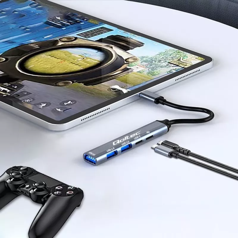 Qoltec 53790 USB-C 3.1 5in1 adapterio šakotuvas | USB-C PD | USB-C | 2x USB 2.0 | USB 3.0