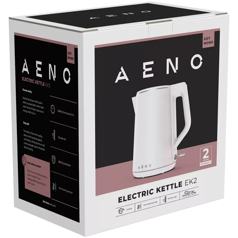 AENO EK2 elektrinis virdulys: 1850-2200 W, 1,5 l, Strix, dvigubos sienelės, neįkaitantis korpusas, automatinis išsijungimas, apsauga nuo virimo be vandens