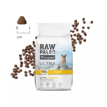 Sausas šunų ėdalas VETEXPERT Raw Paleo Ultra Mini Puppy Turkey 750 g – mažų veislių jauniklių granulės, 30% baltymų, 14% riebalų