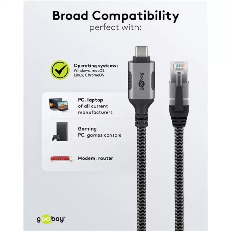 Goobay 70752 USB-C 3.1 į RJ45 Ethernet kabelis, Cat6 F/UTP, 5 m, juodas/sidabrinis