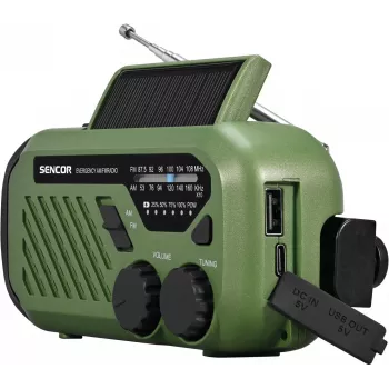 Nešiojamas FM/AM radijas SENCOR SRD1000SCLGR su Bluetooth, saulės/rankinės/ USB-C įkrovimu, 2000 mAh baterija, IPX4, LED šviesomis