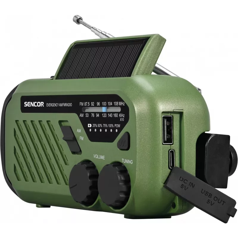 Nešiojamas FM/AM radijas SENCOR SRD1000SCLGR su Bluetooth, saulės/rankinės/ USB-C įkrovimu, 2000 mAh baterija, IPX4, LED šviesomis