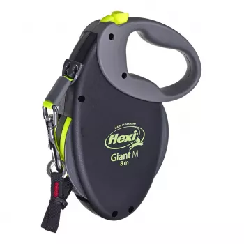 Ištraukiamas pavadėlis Flexi NEON GIANT M — 8 m juostinis pavadėlis, max apkrova 25 kg, ergonomiška rankena, juoda/geltona
