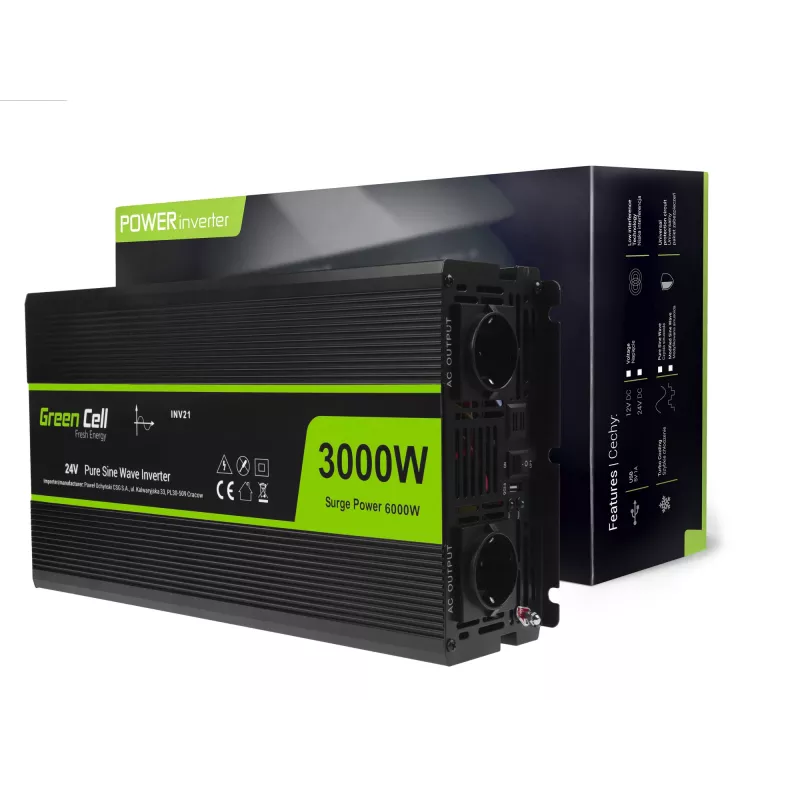 Automobilinis keitiklis Green Cell INV21 6000 W, 24V DC į 230V AC, 2x USB PD, aktyvus aušinimas, nuimamos DC jungtys, juodas