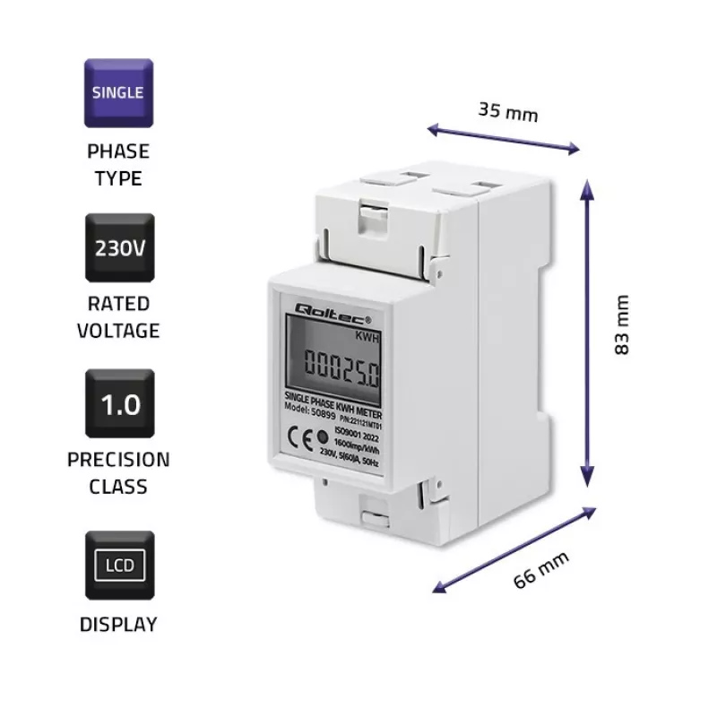 Vienfazis elektros energijos skaitiklis QOLTEC 50899 230 V 50 Hz, 5(60) A, 1 klasė, LCD