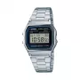 Rankinis laikrodis CASIO A158WA-1DF – skaitmeninis, dervos korpusas, nerūdijančio plieno juosta, 33,2×36,8×8,2 mm, CR2016 baterija