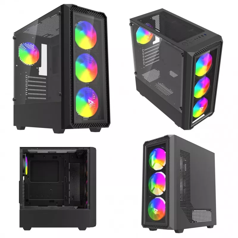 PC korpusas SAVIO Noctis Glass RGB – juodas, ATX/Micro-ATX, 210×410×450 mm, 3×120 mm priekiniai ventiliatoriai