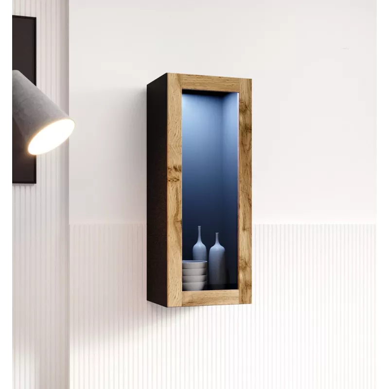 Sieninė vitrina cama meble VIGO 90 su stiklu, 90×35×32 cm, juoda/wotano ąžuolas
